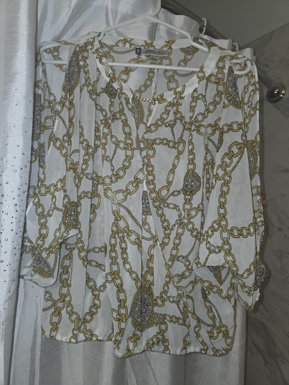 Jennifer Lopez White Top with Gold Chain Print